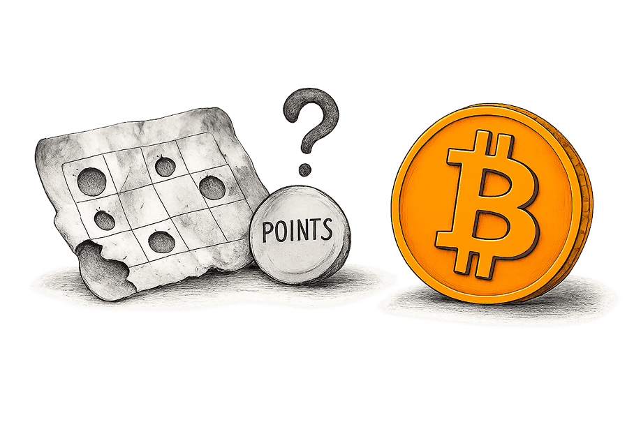 Crumpled loyalty punch card and generic points token with a question mark next to a pristine Bitcoin coin