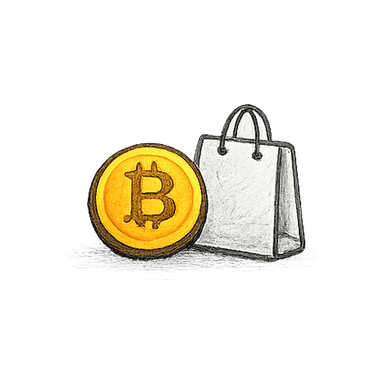 Bitcoin coin next to a shopping bag