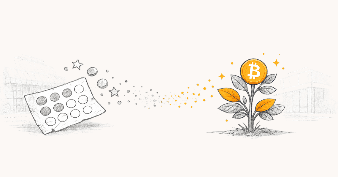 Bitcoin rewards growing from a coin compared to traditional loyalty punch card losing value