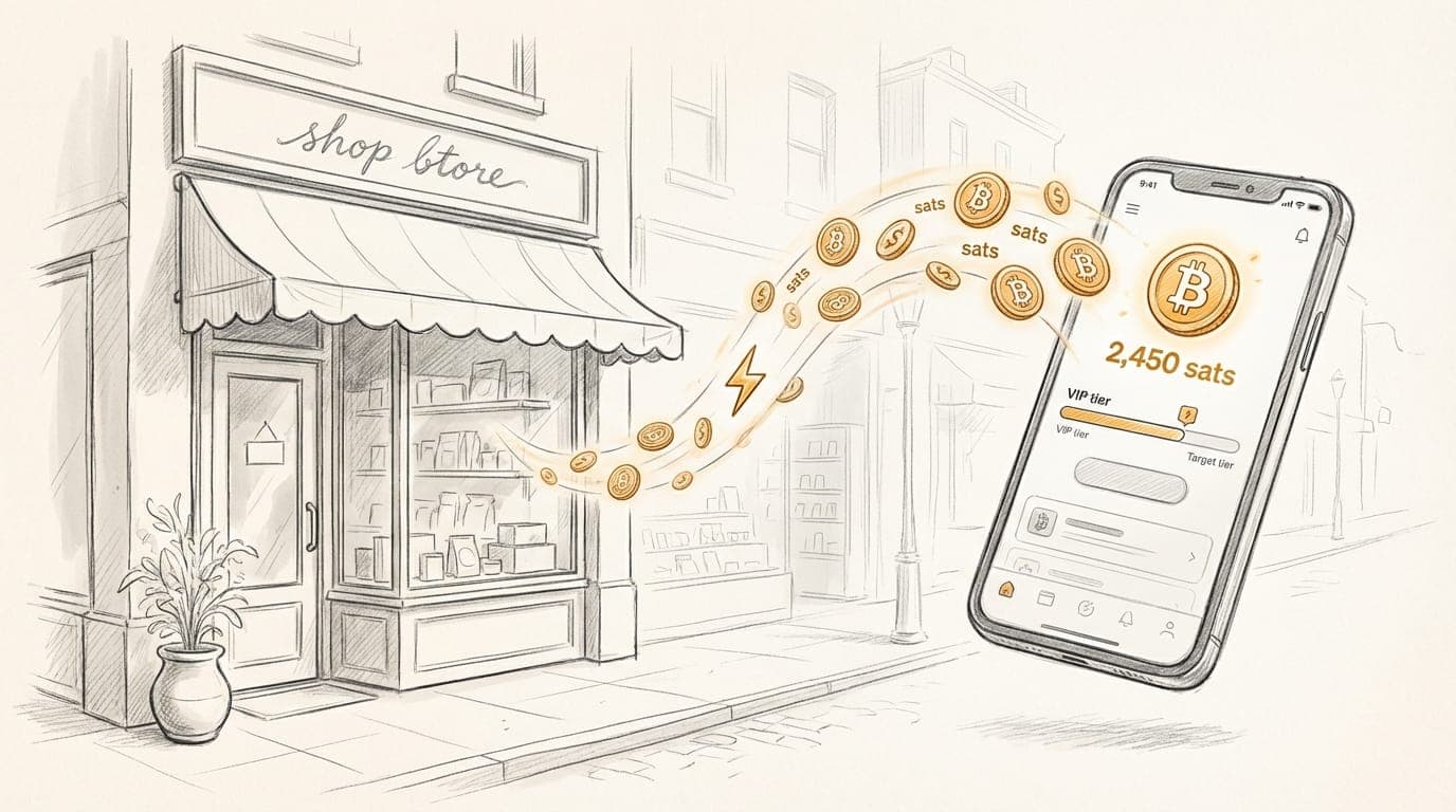 Bitcoin loyalty program for Shopify illustration showing a storefront connected to a customer rewards portal on a smartphone by a flowing stream of sats